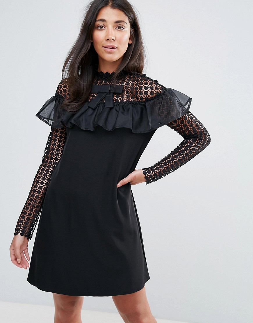Amy Lynn Occasion Long Sleeve Shift Dress With Mesh Polka Dot Sleeves And Frill Detail - Black