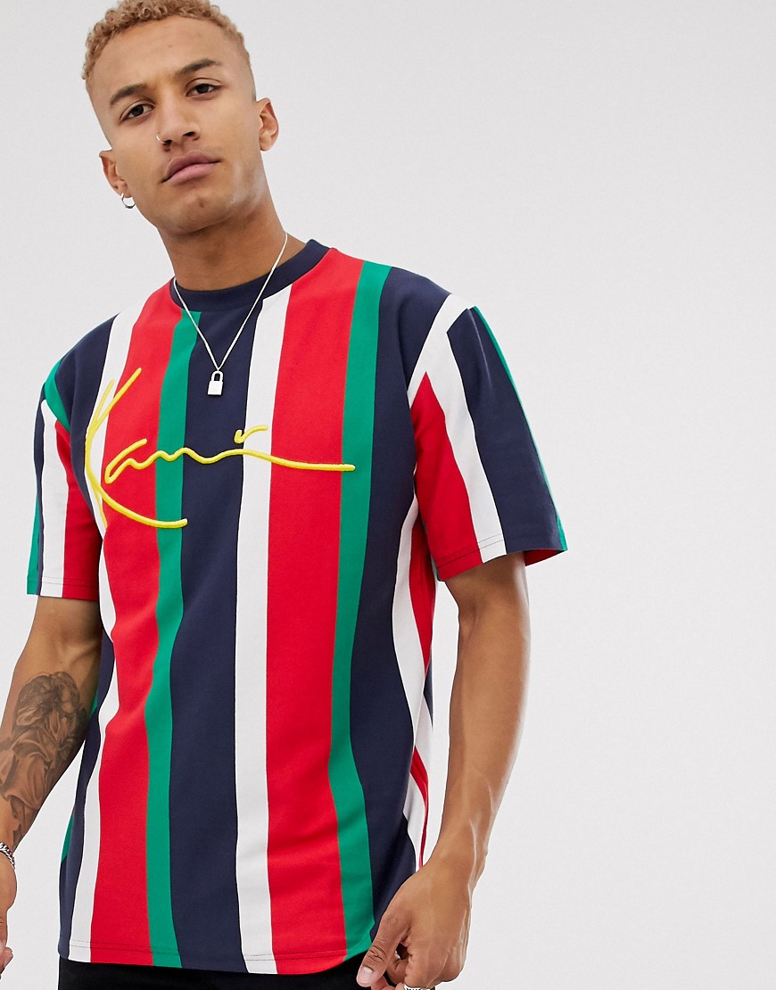 Karl Kani Signature Pinstripe t-shirt with embroidered logo in navy/red