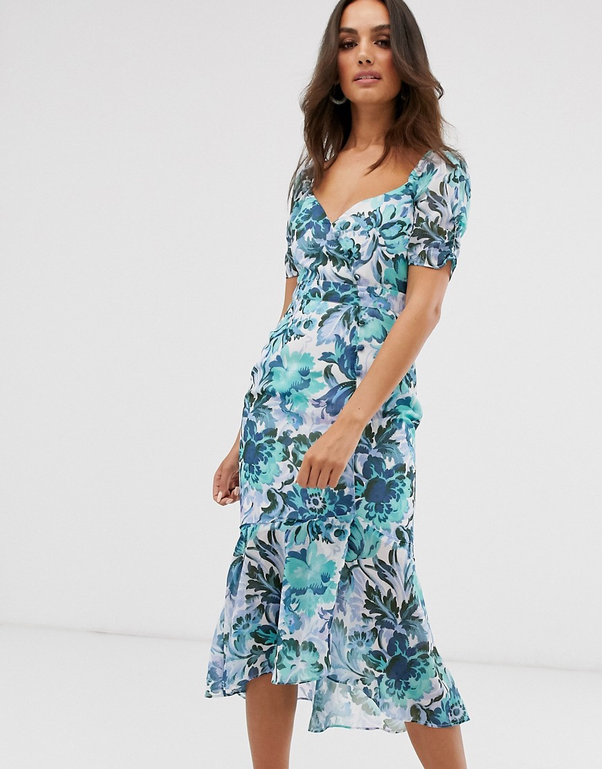 Hope & Ivy milkmaid midi dress with button front in blue floral
