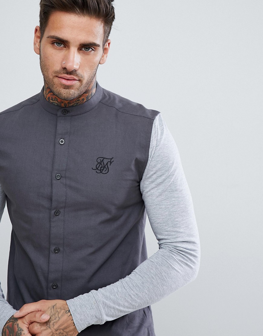 SikSilk Muscle Shirt In Grey With Jersey Sleeves - Grey