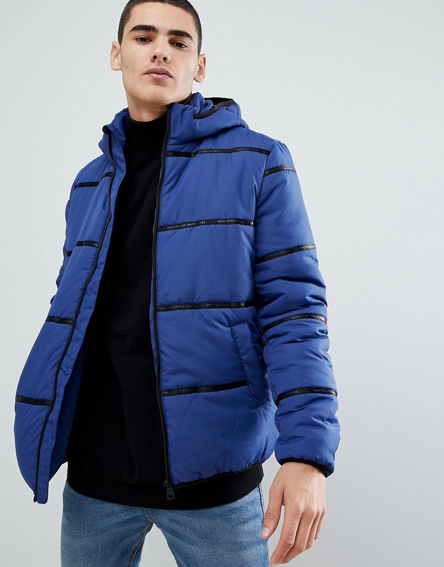 Only & Sons hooded puffer jacket with brand tape detail