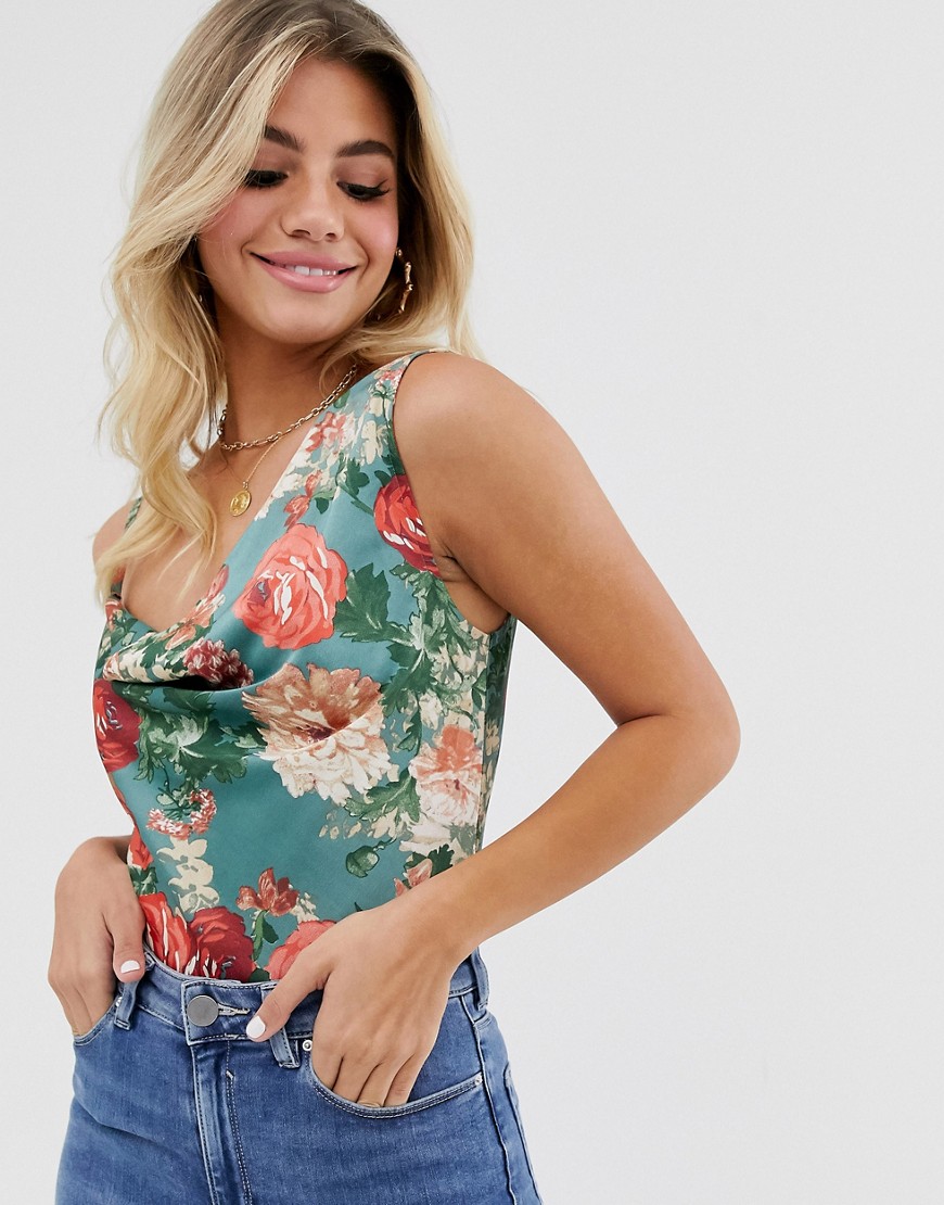 In The Style x Fashion Influx one shoulder asymmetric bodysuit in green floral