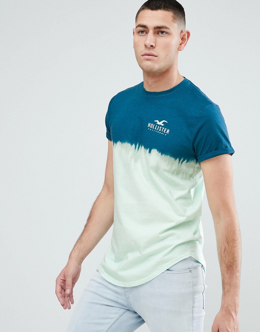Hollister Ombre Wash Front and Back Logo Print T-Shirt Curved Hem in Blue to Green - Blue to green
