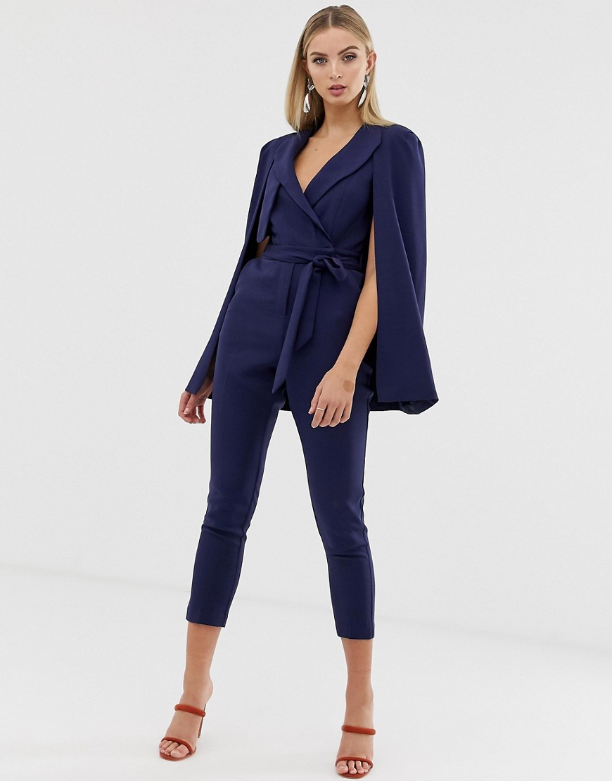 Lavish Alice tailored cape jumpsuit with storm flap in navy