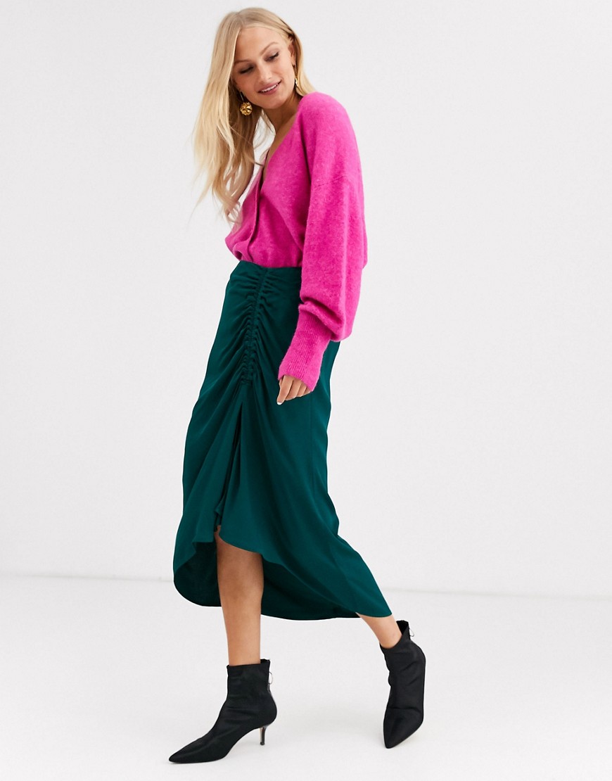 & Other Stories ruched midi skirt in bottle green