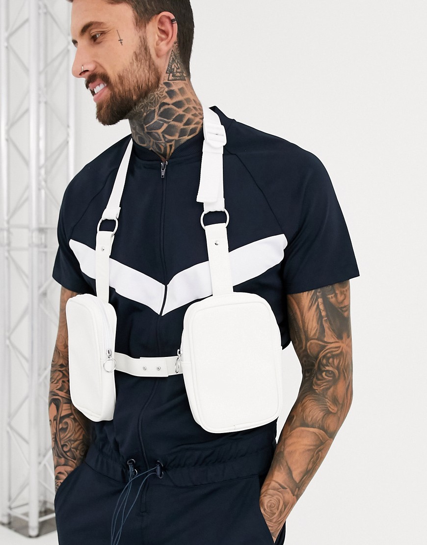 ASOS DESIGN chest harness bag in white faux leather saffiano with branded emboss