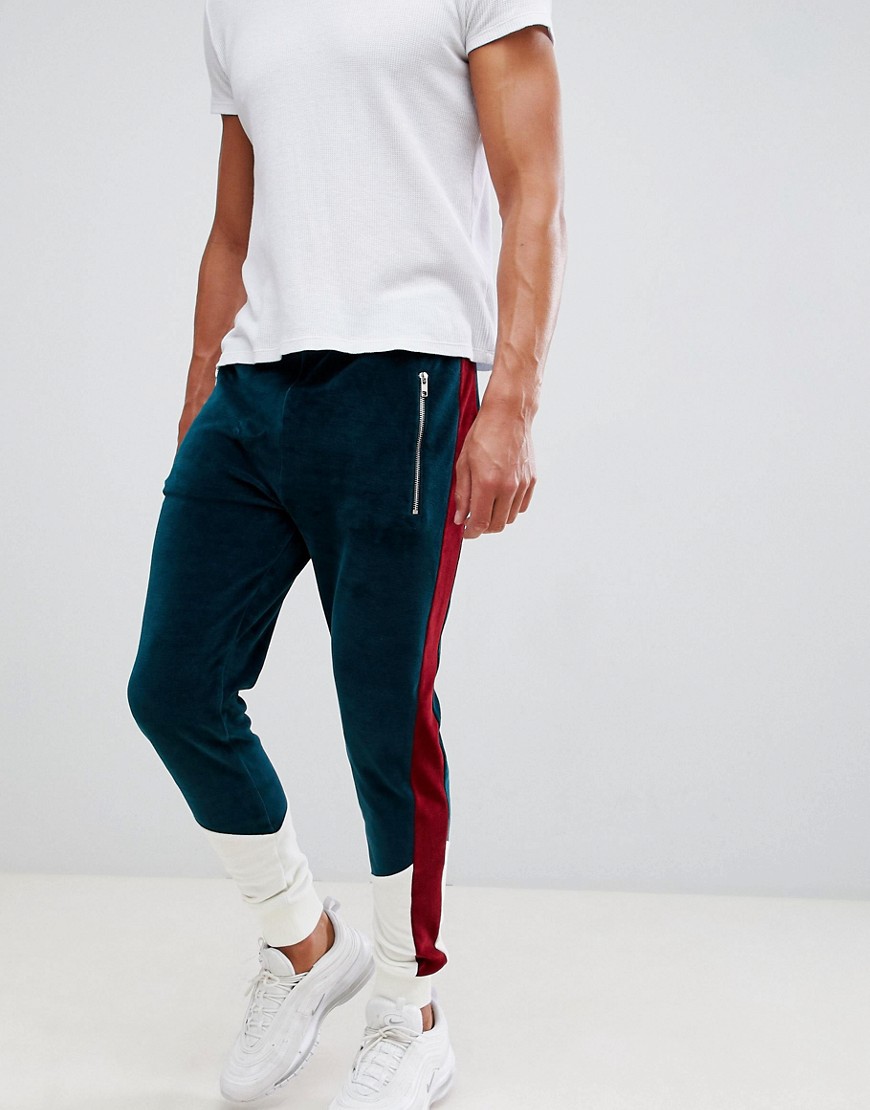 ASOS DESIGN skinny joggers in velour with colour blocking panels