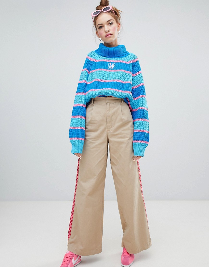 Lazy Oaf wide leg trousers with checkerboard stripe detail