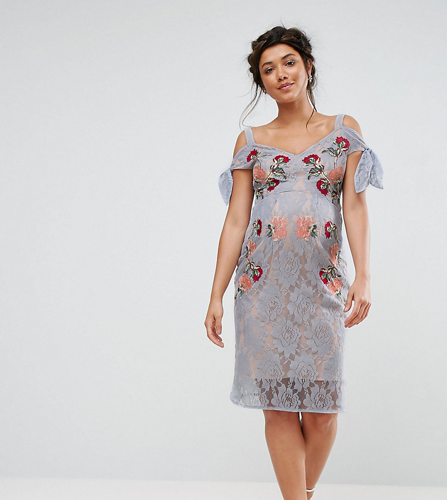 Hope & Ivy Maternity Cold Shoulder Embroidered Lace Dress