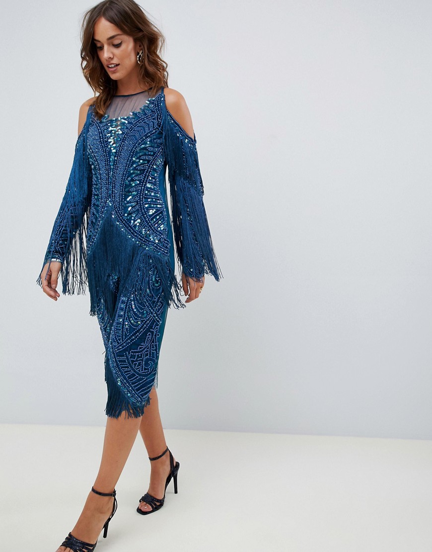 A Star Is Born fringed midi dress with embellishment in teal - Teal