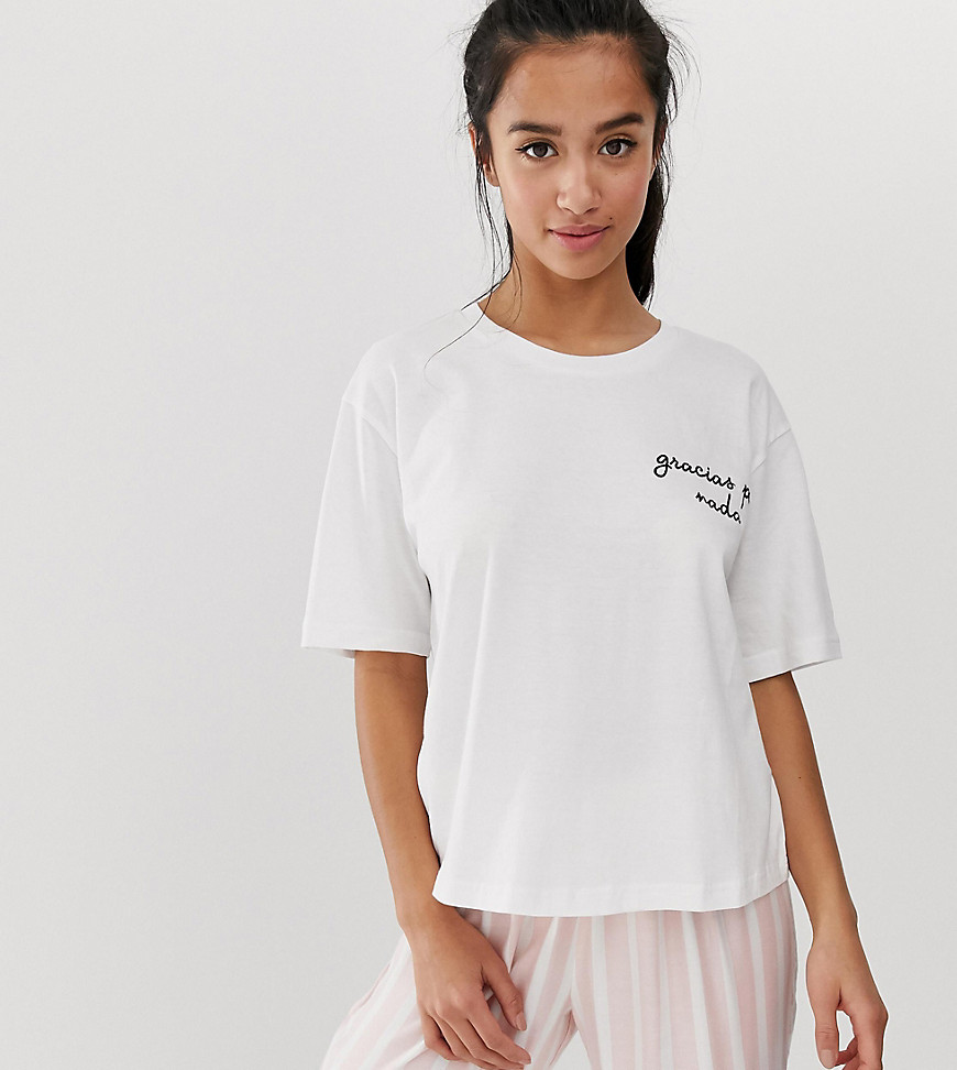 ASOS DESIGN Petite mix & match stripe pyjama embroidered t-shirt in 100% modal