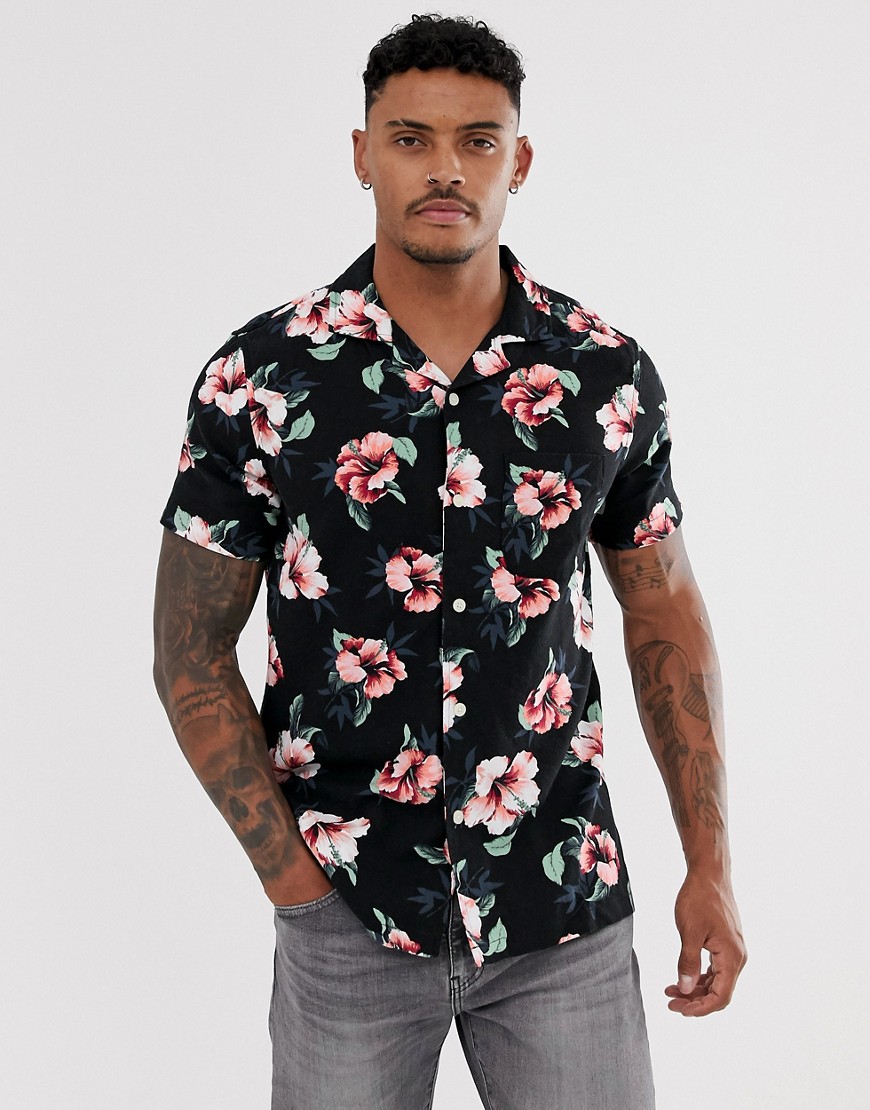 Abercrombie & Fitch revere collar short sleeve floral print shirt in black