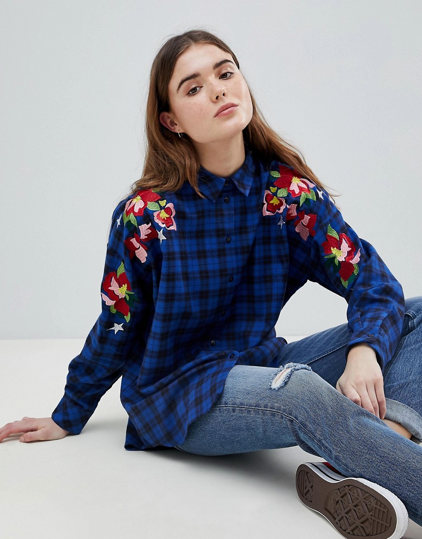 Asos Design Asos Oversized Check Long Sleeve Boyfriend Shirt With Embroidery - Multi