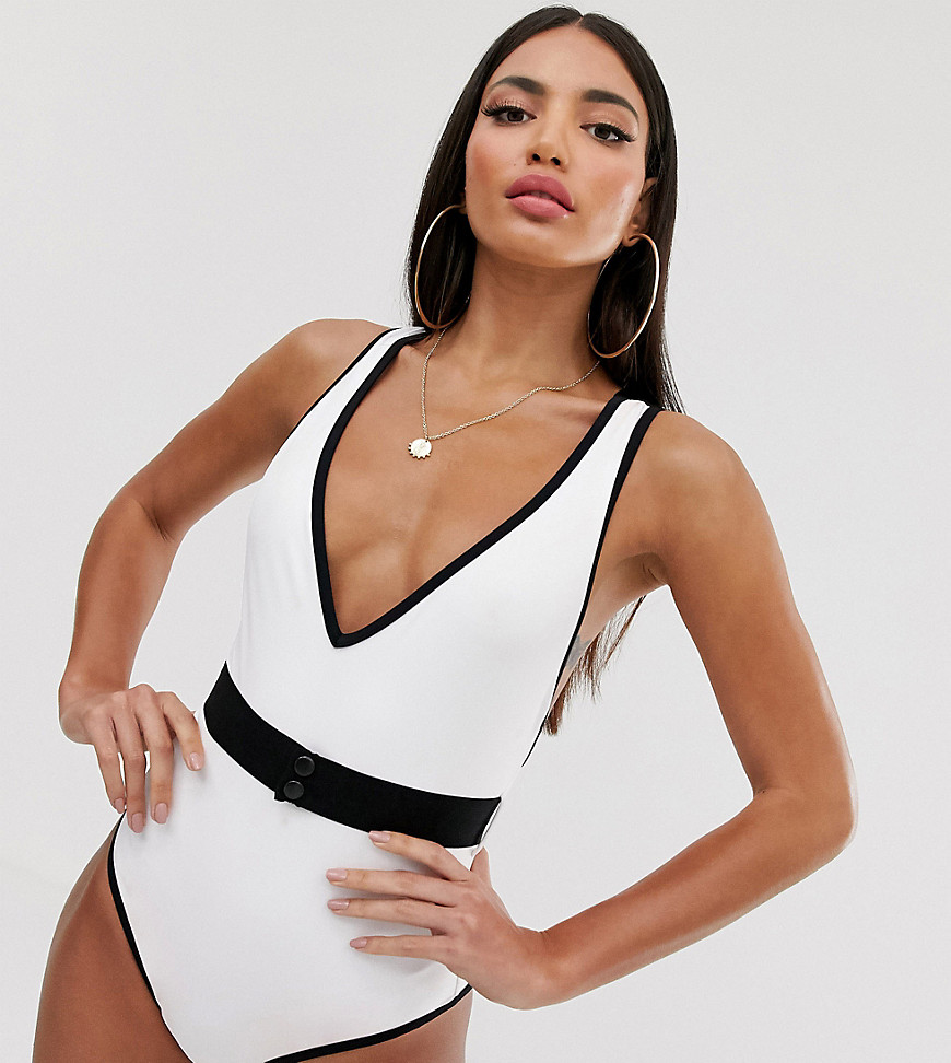 ASOS DESIGN tall belted swimsuit in mono contrast