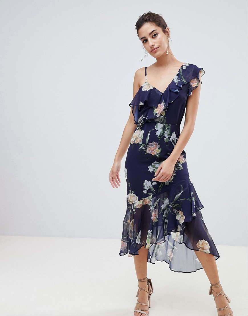 Hope & Ivy Floral Layered Shoulder Dress with Ruffle Asymetric Hem - Navy floral