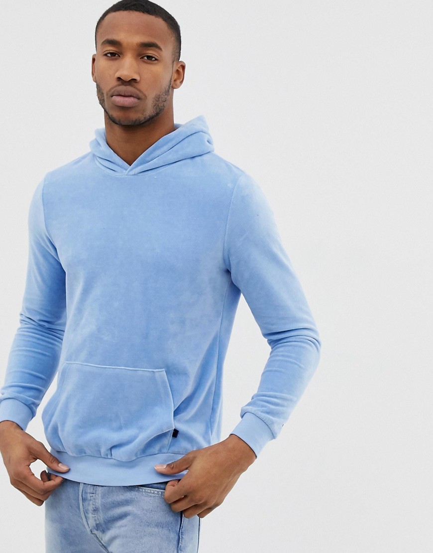 Bershka velour hoodie in light blue with piping on sleeve