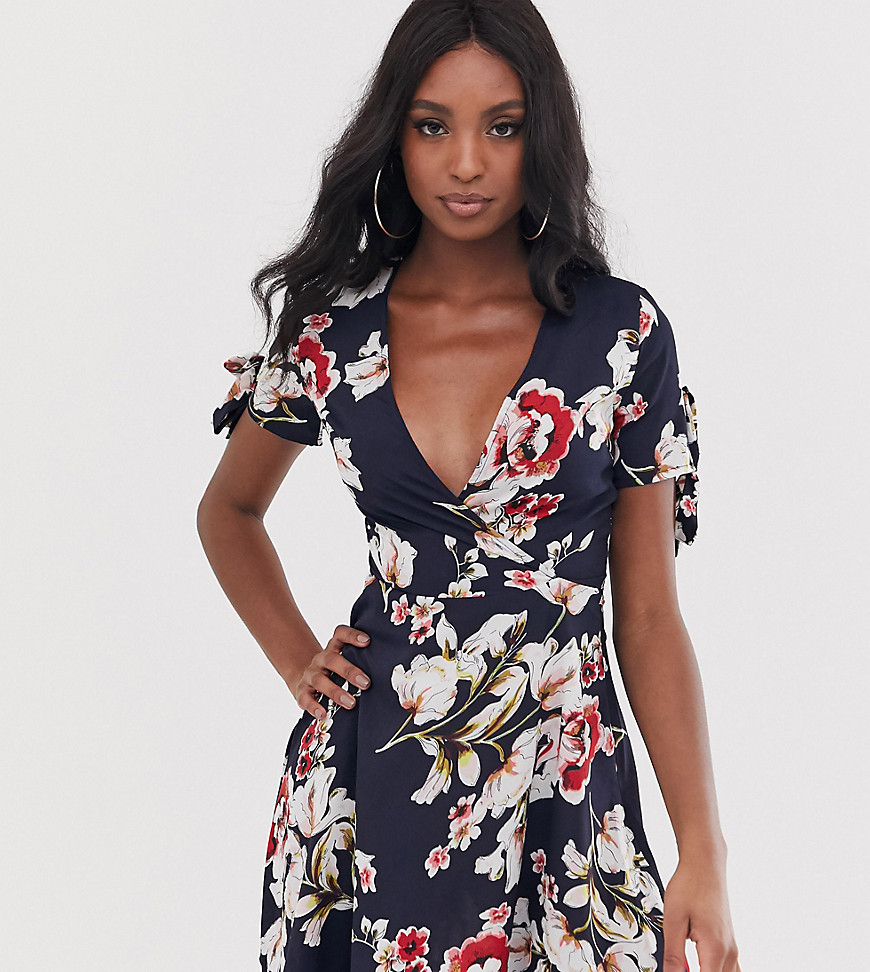 Parisian Tall wrap front dress with tie sleeve detail in floral print