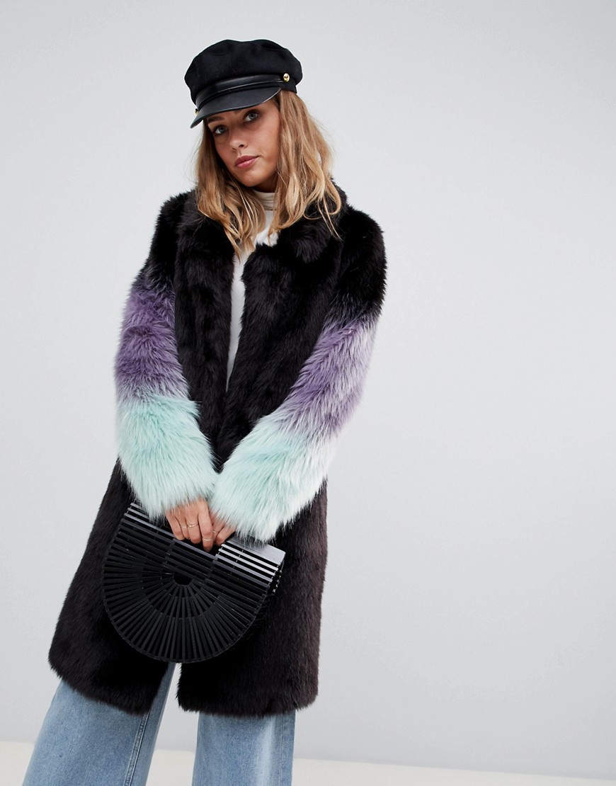 Urbancode longline coat with ombre faux fur sleeves