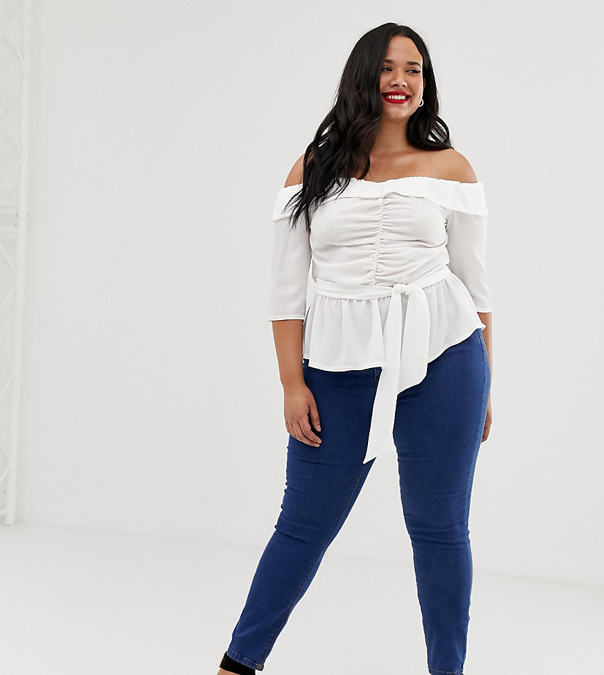 Boohoo Plus ruched off the shoulder tie detail blouse in white
