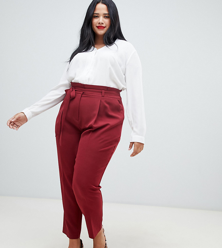 New Look Curve paper bag trousers in burgundy