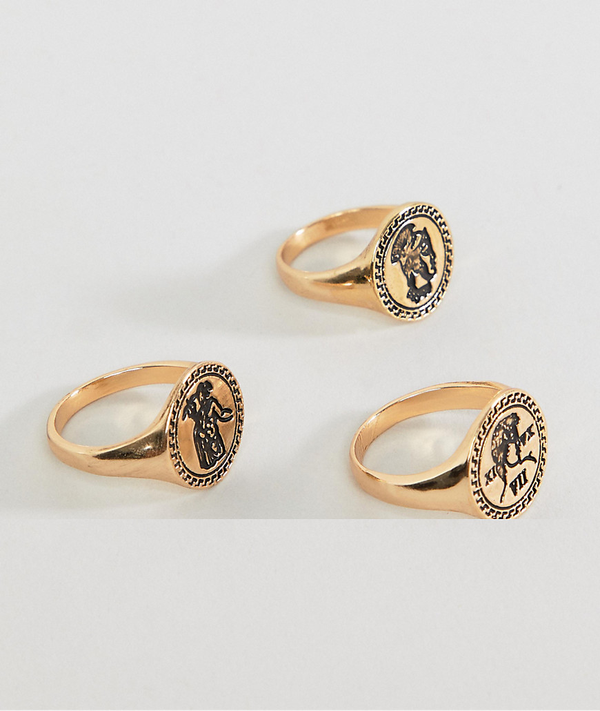 Asos Design Roman Coin Style Ring Pack In Gold Tone - Gold