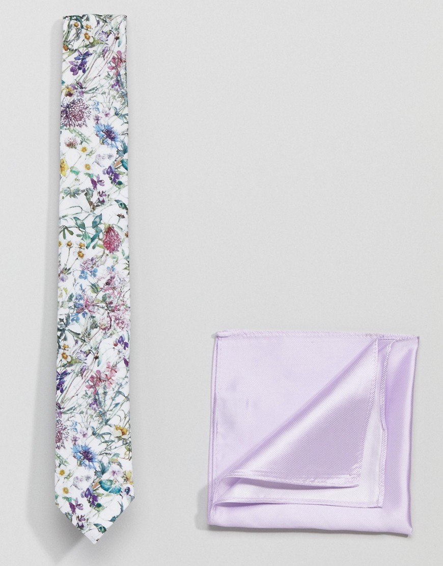 Gianni Feraud Liberty Print Floral Tie and Plain Pocket Sqaure - Multi