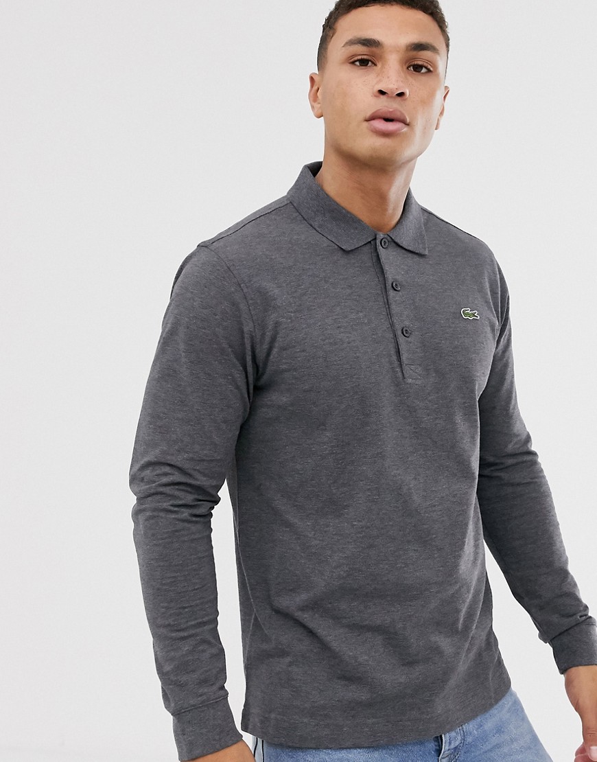 Lacoste logo long sleeve polo in charcoal marl