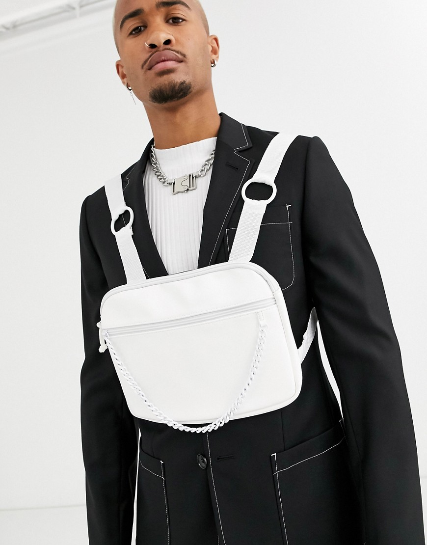 Asos Design Faux Leather Chest Harness Bag In White With Chain
