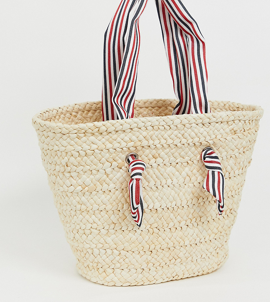 South Beach straw beach bag with striped handle