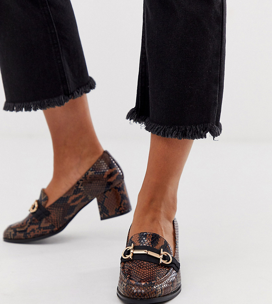 ASOS DESIGN Wide Fit Stirrup mid-heeled loafers in conker snake