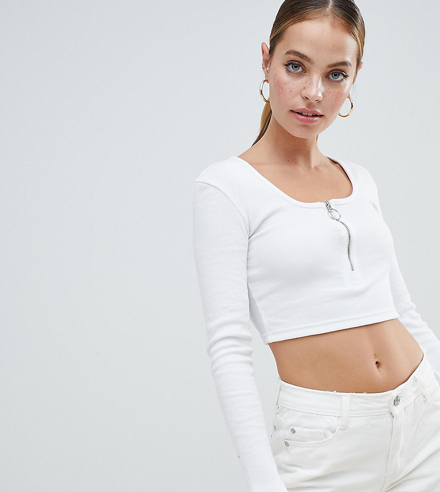 Missguided Petite zip front crop top in white