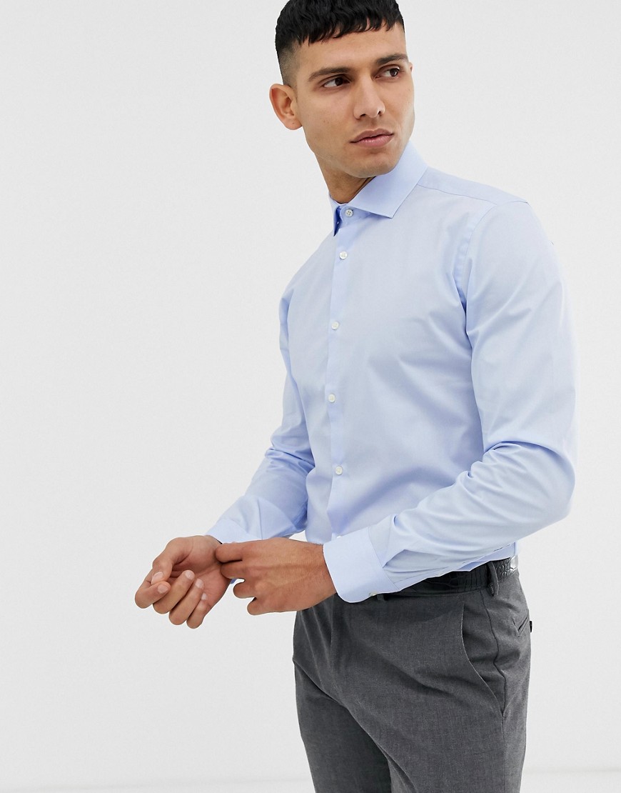 Moss London extra slim smart shirt in blue with stretch