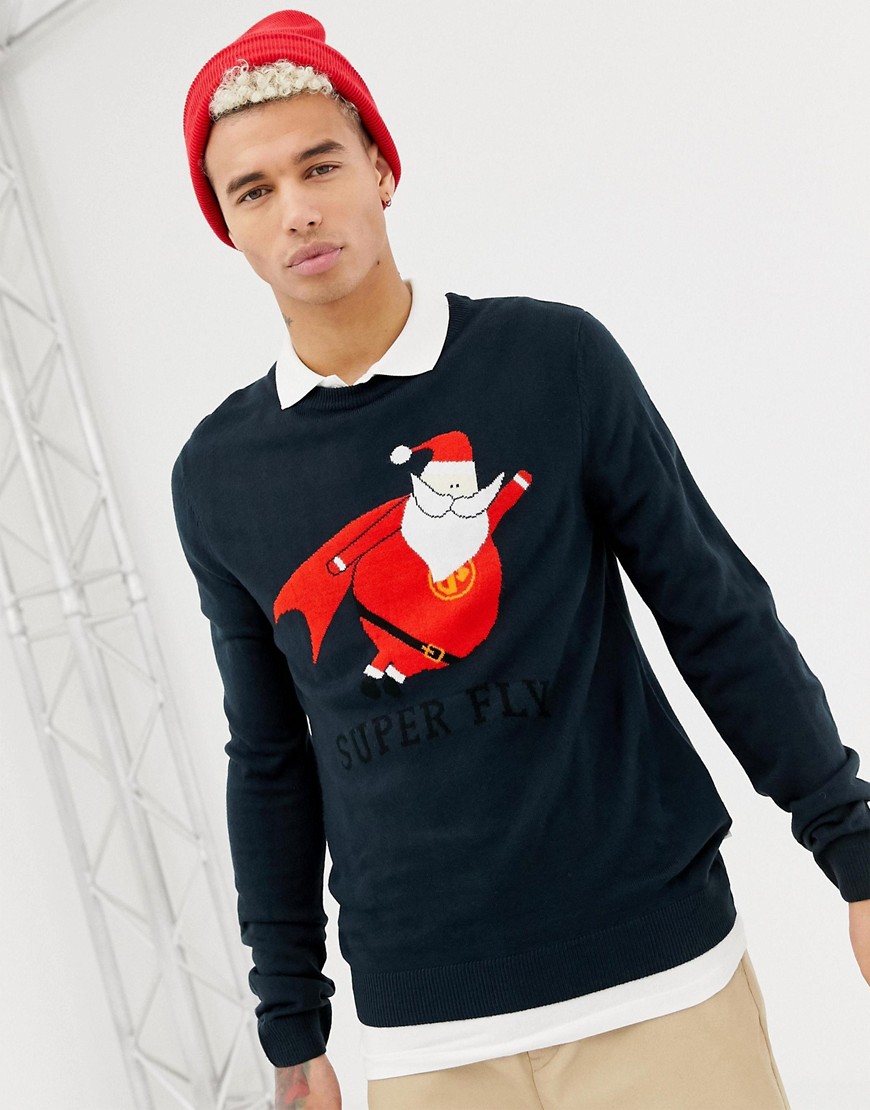 Jack & Jones Originals Knitted Christmas Jumper With Super Fly Santa