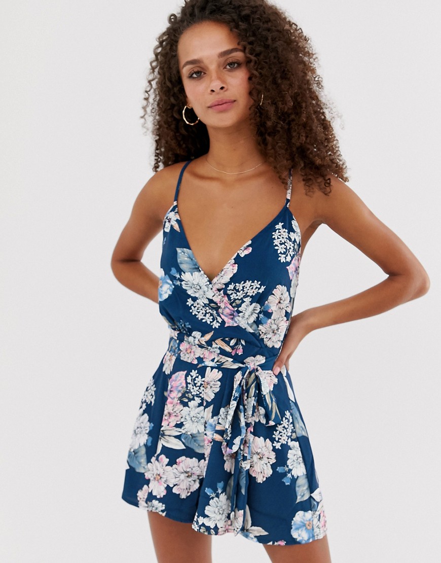Parisian wrap front playsuit with tie waist in floral print