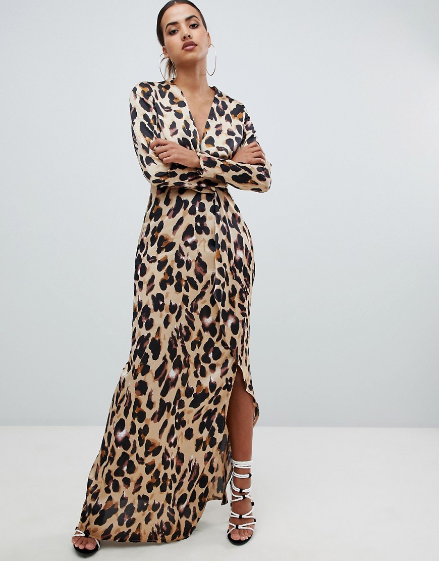 Missguided twist wrap maxi dress in leopard