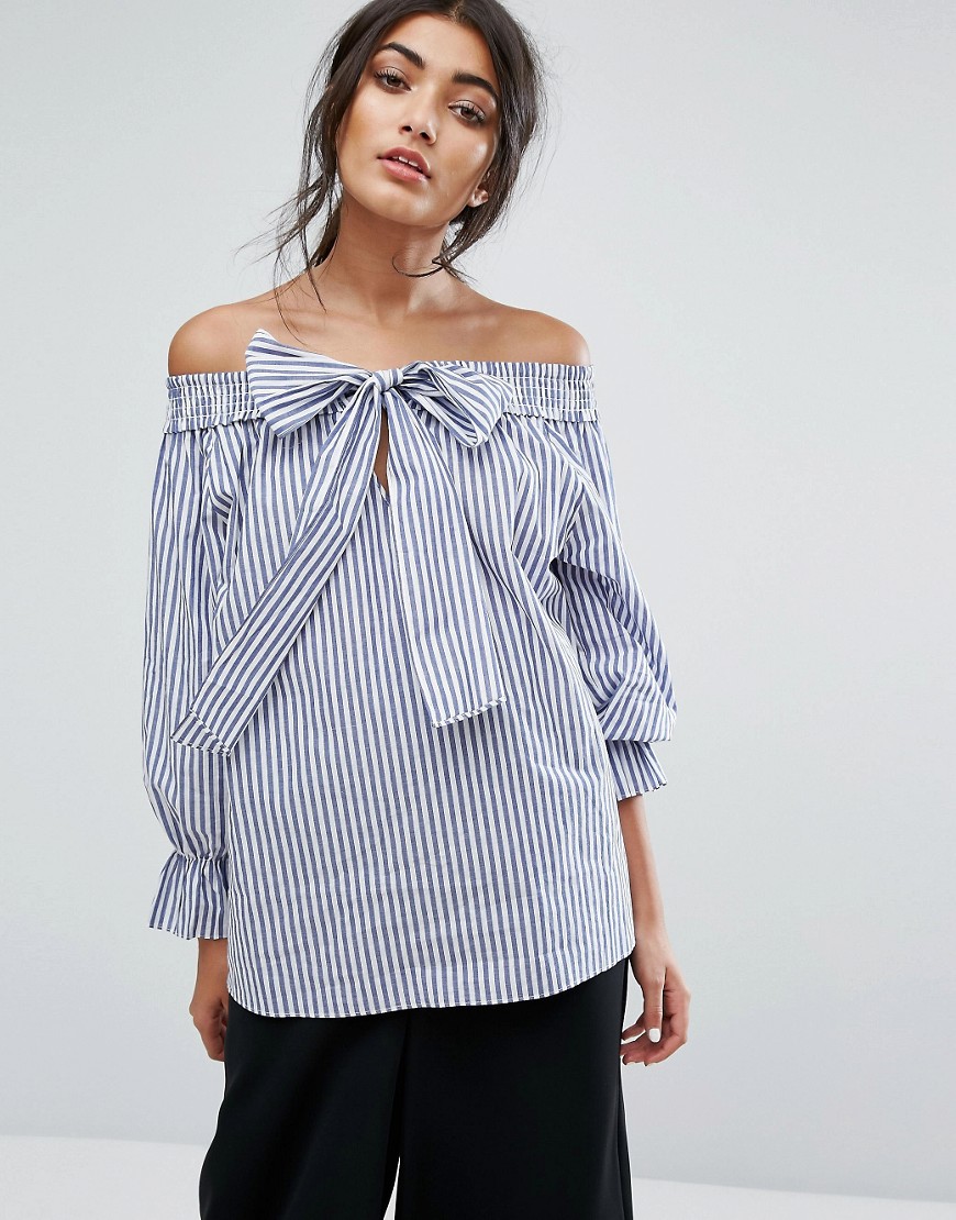 J.O.A Off Shoulder Top In Shirt Stripe With Tie Bow Front - Navy/white