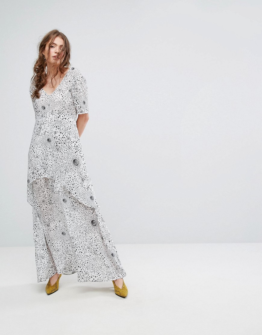 Lily and Lionel Tiered Maxi Dress in Celestial Print - White
