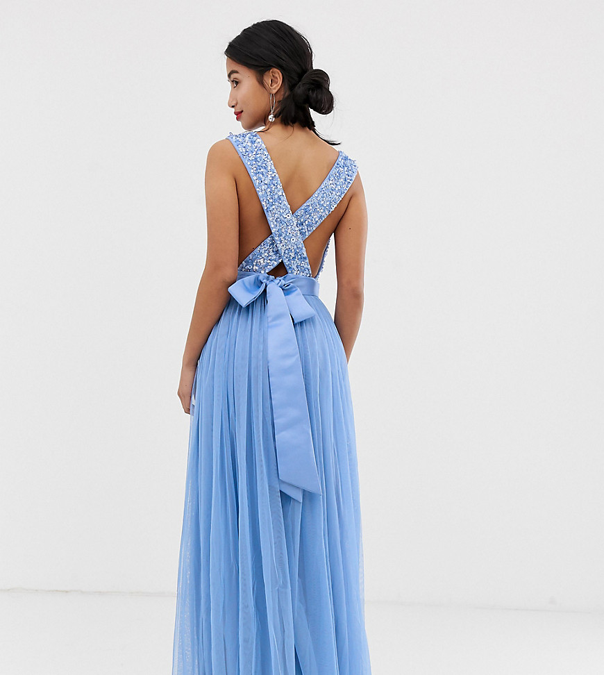 Maya Petite delicate sequin bodice maxi dress with cross back bow detail in bluebell