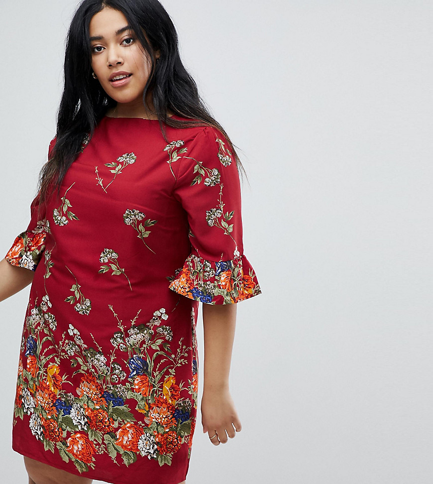 Yumi Plus Frill Sleeve Shift Dress in Floral Border Print - Red