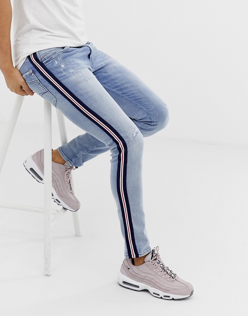 Replay Andov ripped power stretch skinny jeans with side stripe in light wash