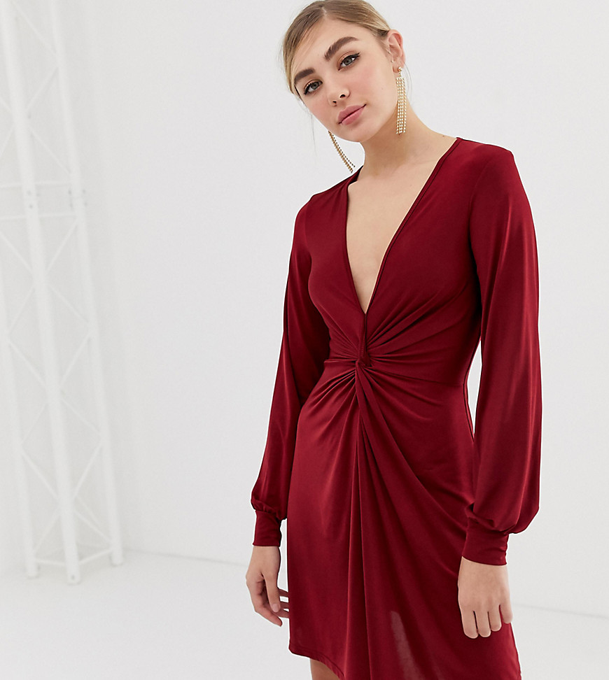 Miss Selfridge twist front dress in burgundy