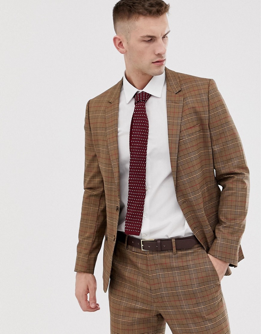 ASOS DESIGN skinny suit jacket in brown prince of wales check