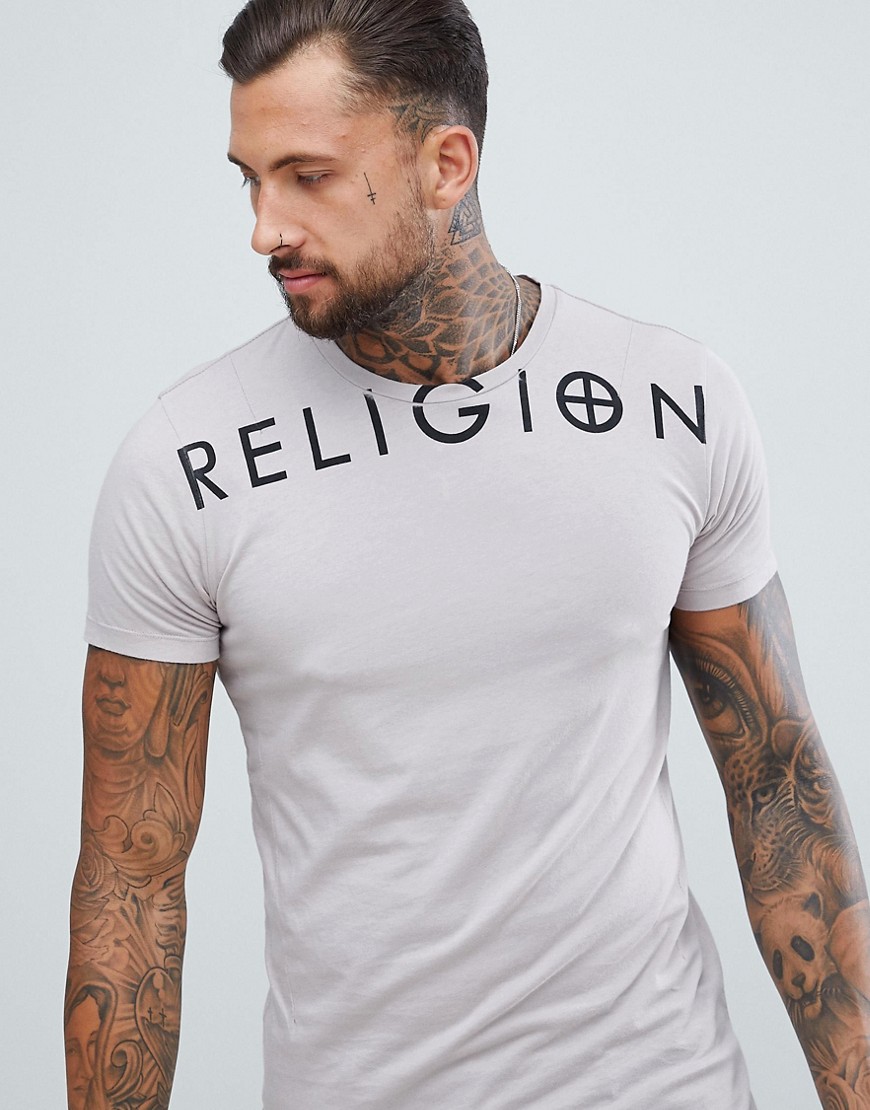 Religion t-shirt with branding in ash pink