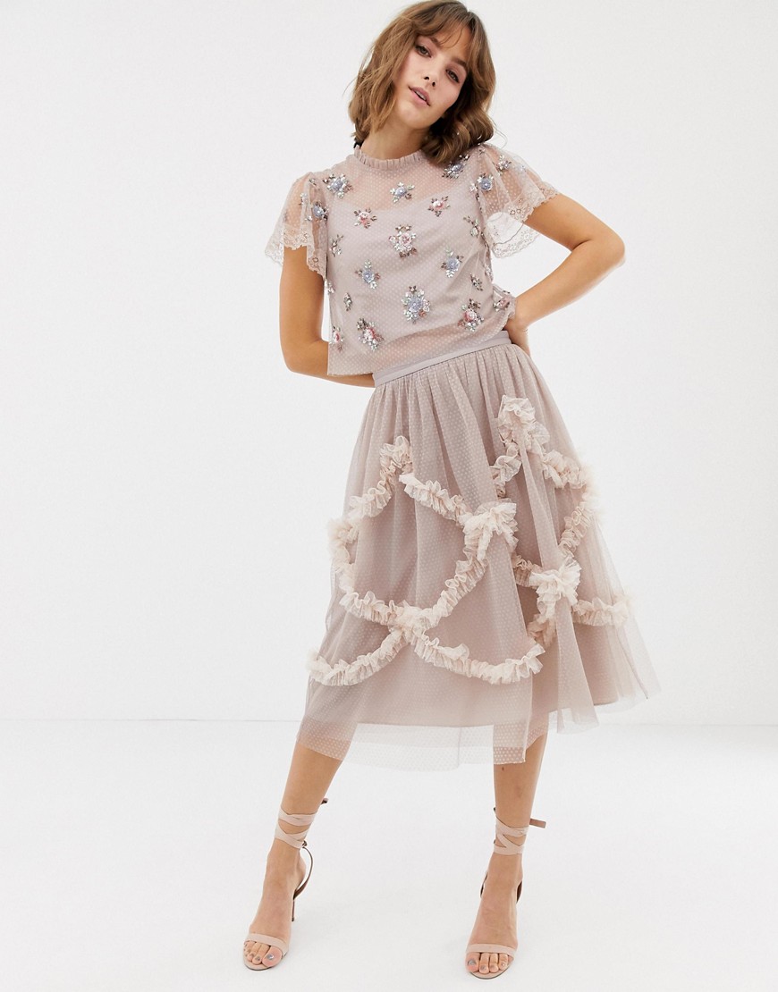 Needle & Thread tulle midi skirt with shirring detail in rose