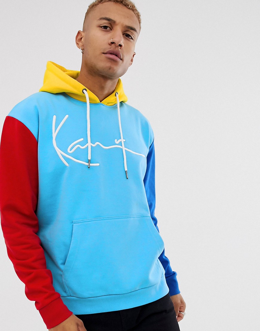 Karl Kani Signature Block hoodie with embroidered logo and contrast sleeves in blue