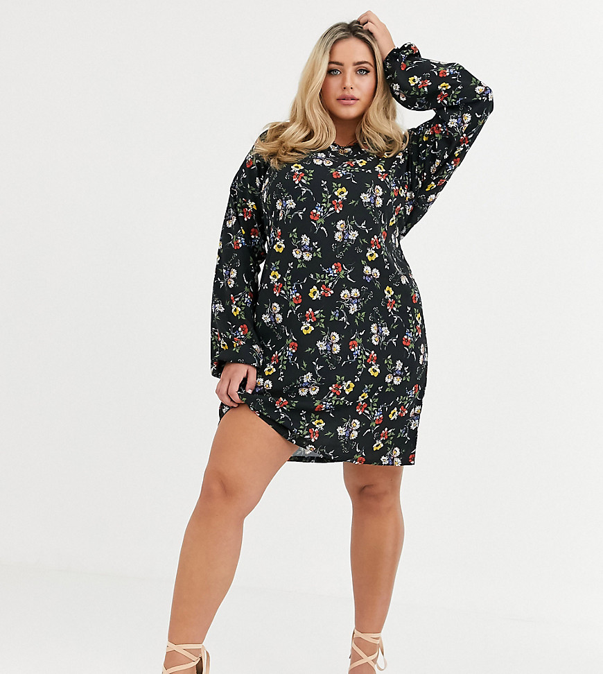 PrettyLittleThing Plus exclusive mini dress with tie front in black ditsy floral print