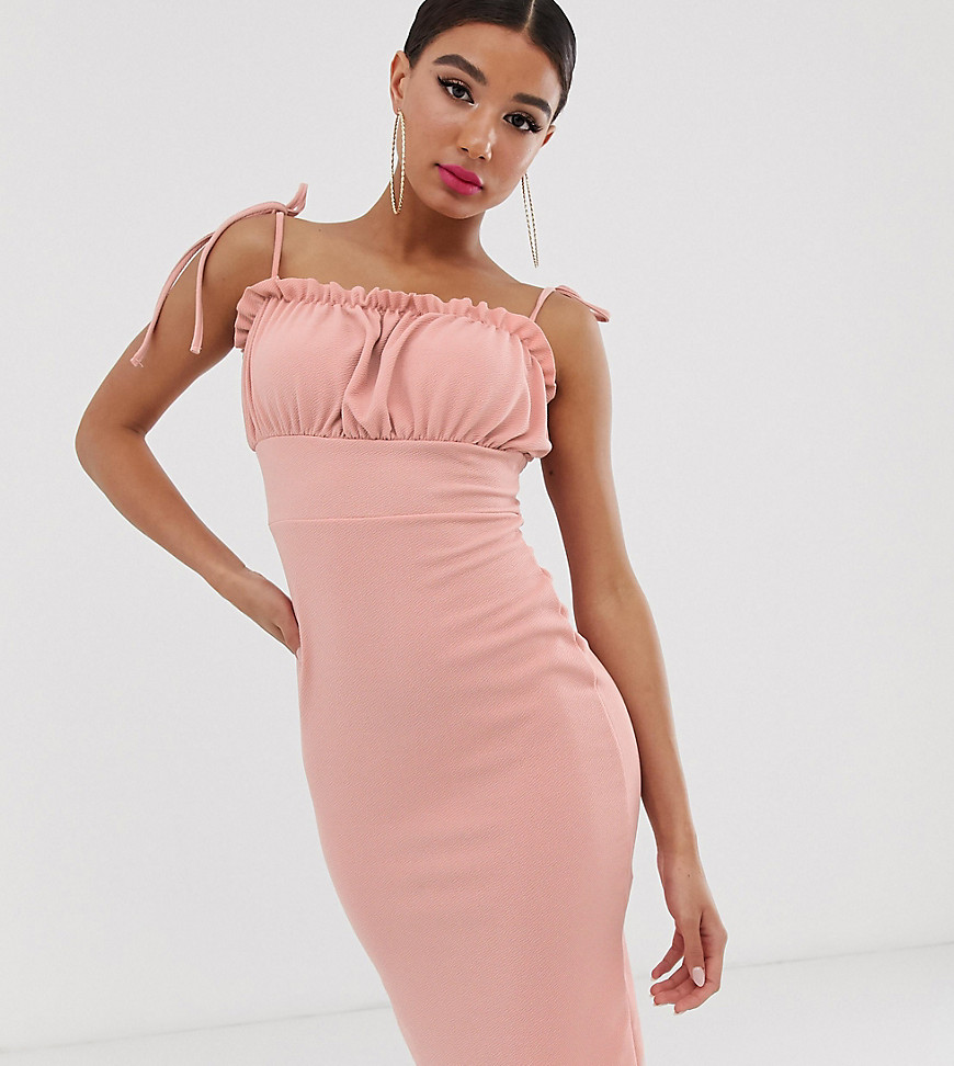 Missguided bodycon midi dress with tie shoulder straps in pink