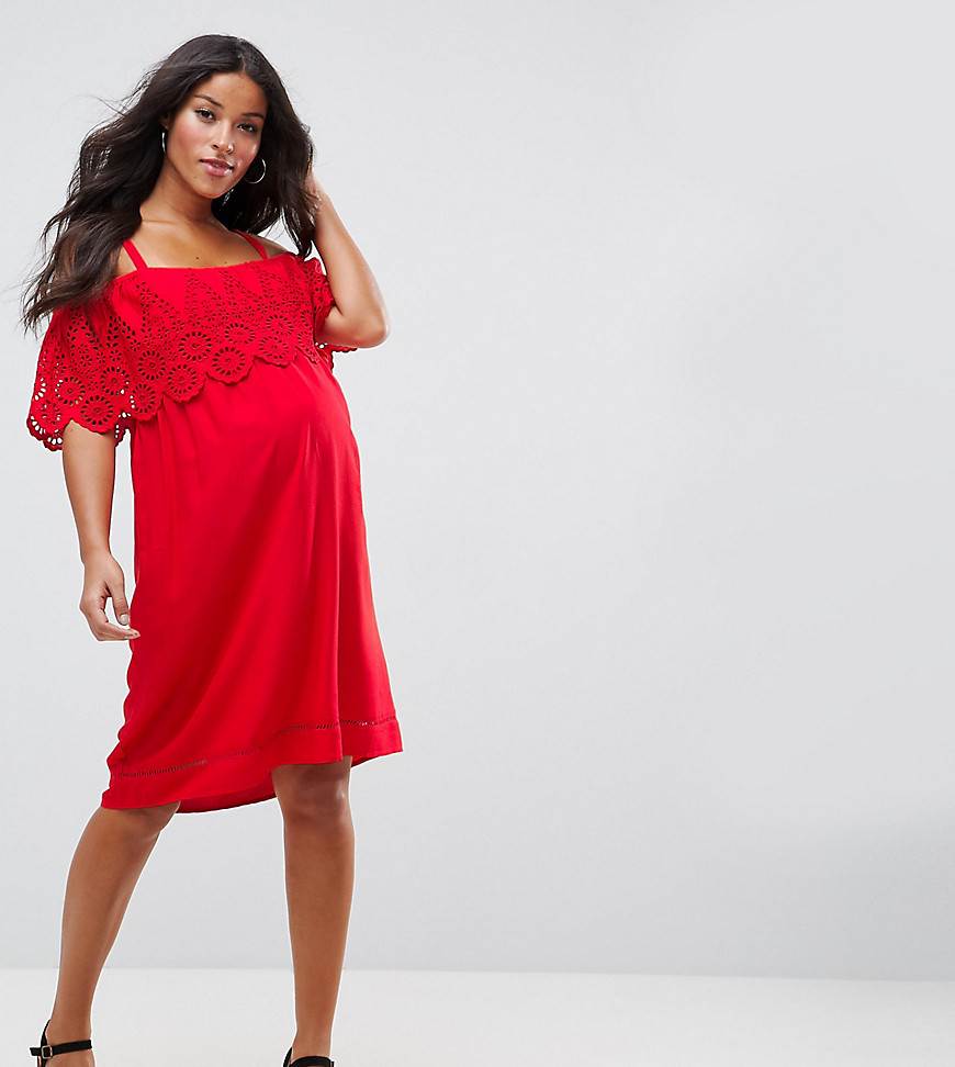 New Look Maternity Broderie Cold Shoulder Dress - Red