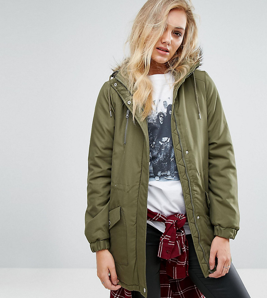 Noisy May Tall Parka Jacket With Faux Fur Trim Hood - Ivy green