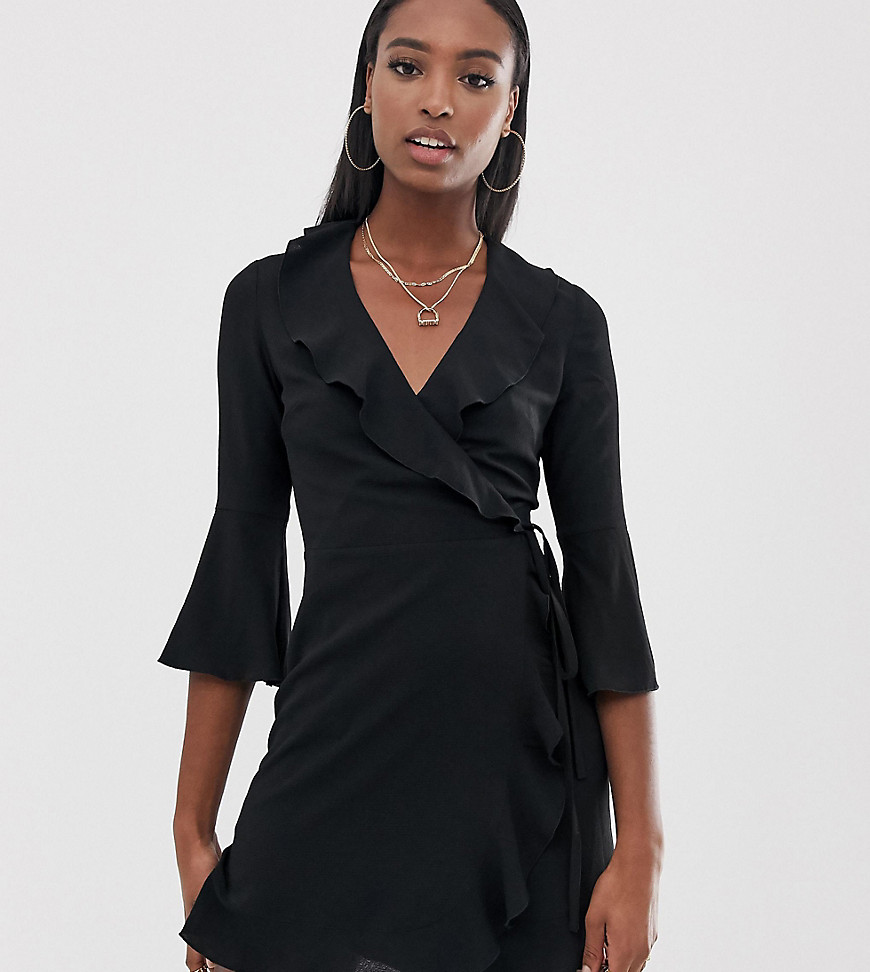 Outrageous Fortune Tall ruffle wrap dress with fluted sleeve in black